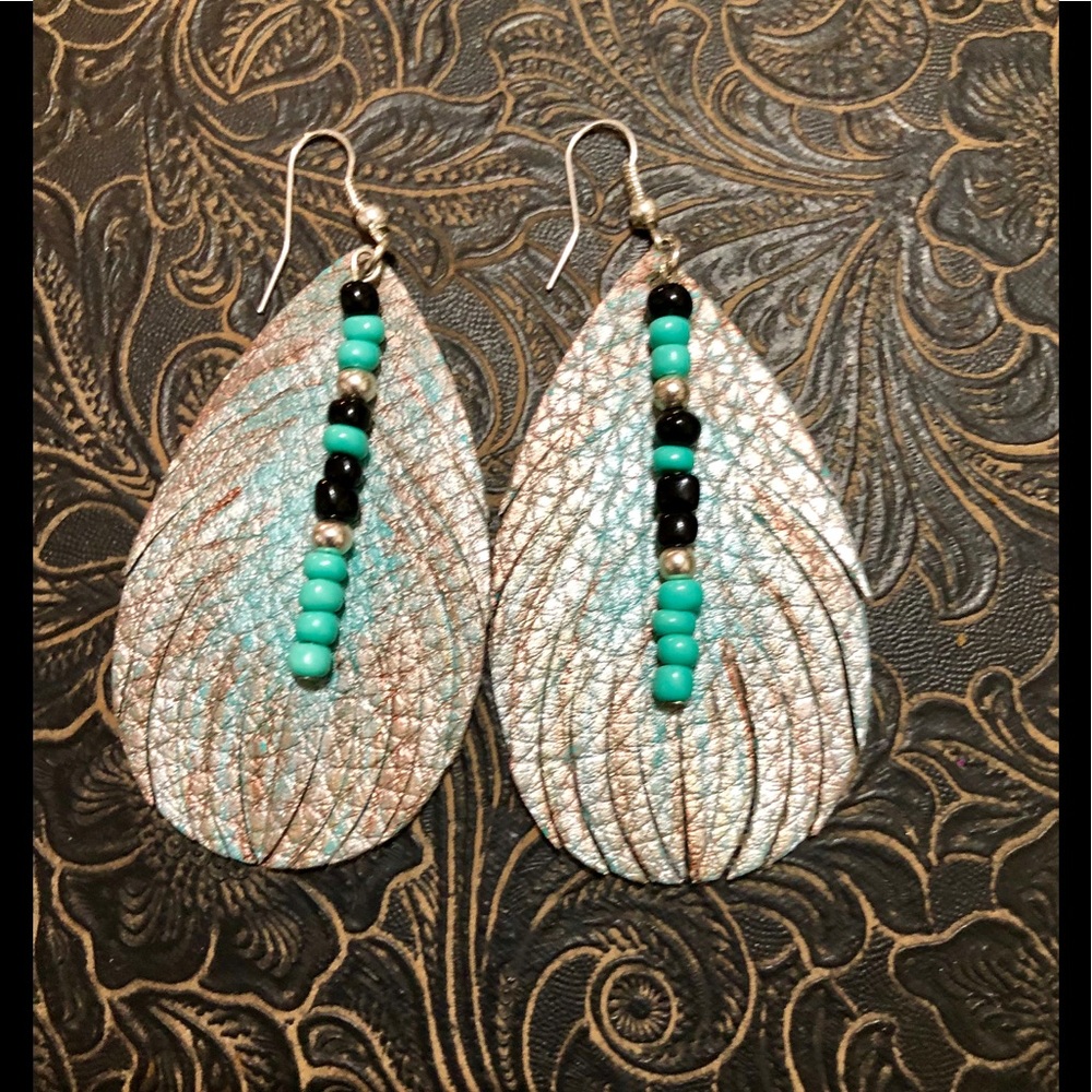 FEATHER EARRINGS TURQUOISE BLACK SILVER - Picture 1 of 1